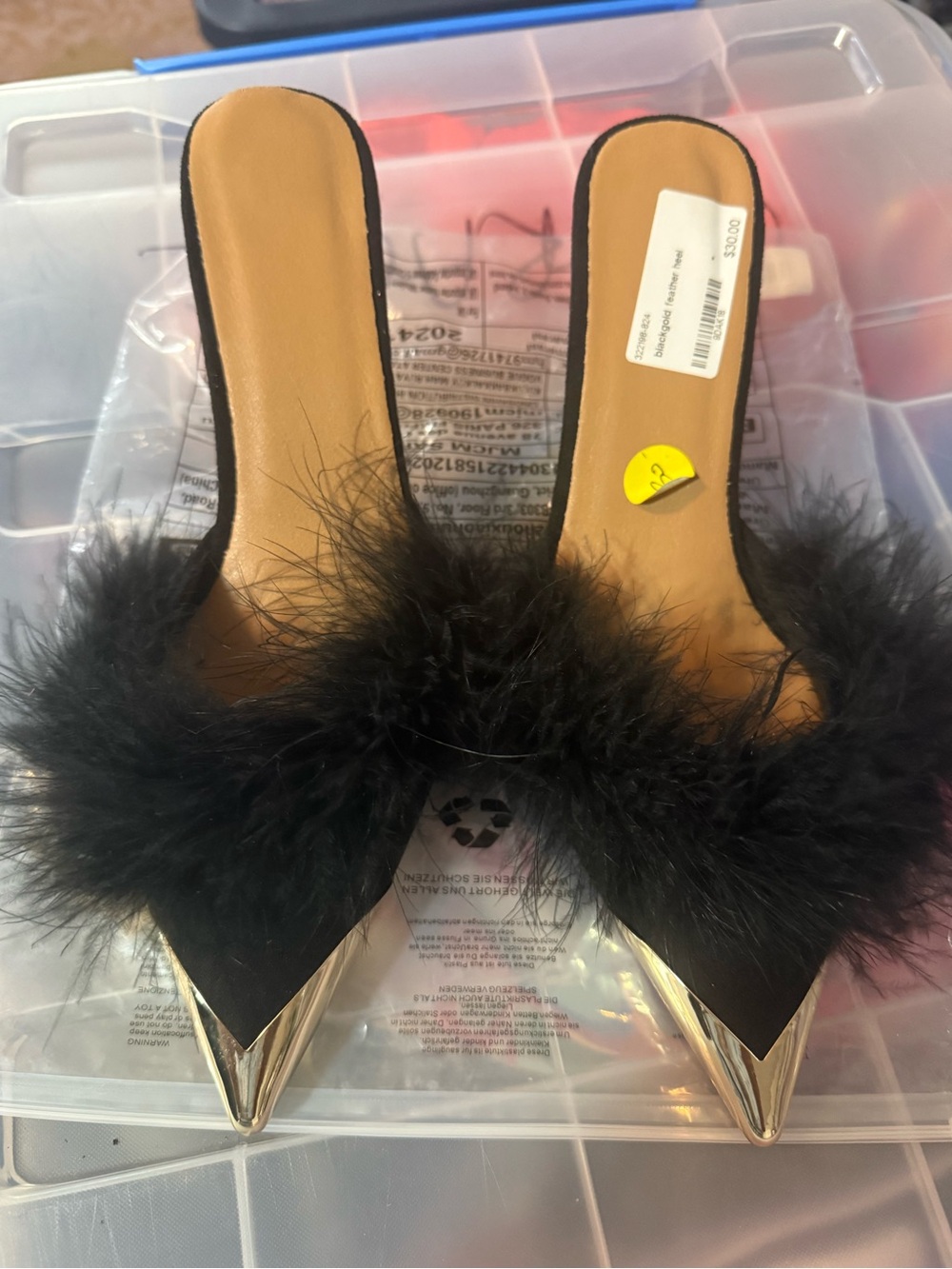 Black Feather & gold Metal-Toe Stiletto Mules - Picture 5 of 5